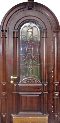 Арочная металлическая дверь массив со стеклом и ковкой ДА-50 в Щербинке