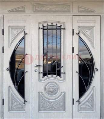 Большая парадная дверь Винорит со стеклом и ковкой ДПР-108 в Щербинке