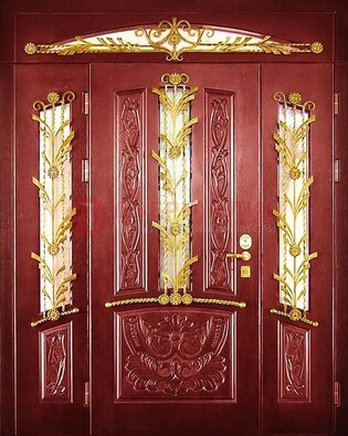 Бордовая железная парадная дверь со стеклом и ковкой ДПР-75 в Щербинке