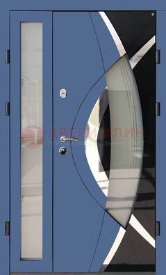Синяя металлическая дверь со стеклом и узором ДС-13 в Щербинке