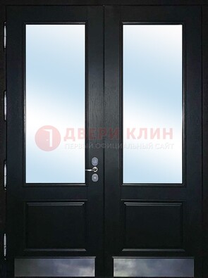 Черная двухстворчатая металлическая дверь со стеклом ДС-25 в Щербинке