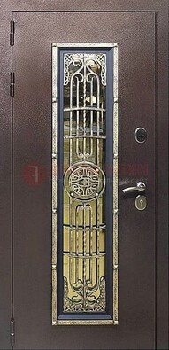 Железная дверь цвета медный антик со стеклом и ковкой ДСК-105 в Щербинке