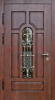 Cтальная дверь со стеклом и ковкой в коричневом цвете ДСК-119 в Щербинке