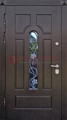 Металлическая дверь со стеклом и ковкой в цвете венге ДСК-142 в Щербинке