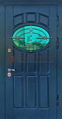 Синяя металлическая дверь со стеклом и ковкой ДСК-143 в Щербинке