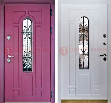 Розовая металлическая дверь со стеклом и ковкой ДСК-151 в Щербинке