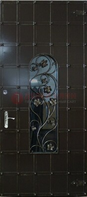 Высокая железная дверь со стеклом и ковкой ДСК-15 в Щербинке