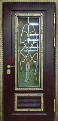 Темная уличная дверь порошок со стеклом и ковкой ДСК-167 в Щербинке