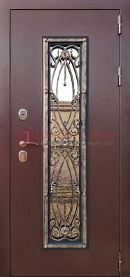 Коричневая стальная дверь порошок со стеклом и ковкой для дома ДСК-169 в Щербинке