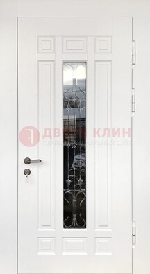 Белая стальная дверь винорит со стеклом и ковкой ДСК-191 в Щербинке