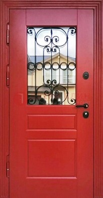 Красная железная дверь Винорит со стеклом и ковкой ДСК-205 в Щербинке