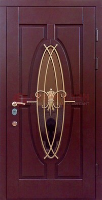 Бордовая стальная дверь Винорит со стеклом и ковкой ДСК-263 в Щербинке