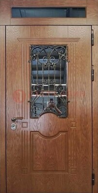 Металлическая входная дверь со стеклом и ковкой для дома ДСК-96 в Щербинке