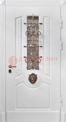 Белая металлическая дверь с виноритом и стеклом с ковкой ДВТ-165 в Щербинке