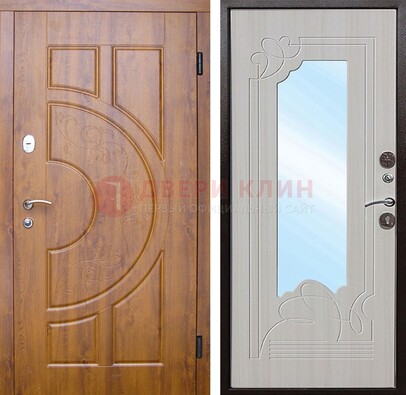 Коричневая металлическая дверь c МДФ с узором и зеркалом ДЗ-105 в Щербинке