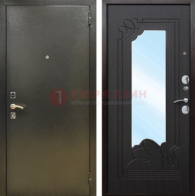 Железная темная дверь c порошковым напылением и МДФ с узором и зеркалом ДЗ-111 в Щербинке