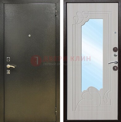 Входная темно-серая дверь c порошковым покрытием и МДФ с резьбой и зеркалом ДЗ-113 в Щербинке