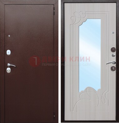 Коричневая металлическая дверь с зеркалом МДФ внутри ДЗ-33 в Щербинке