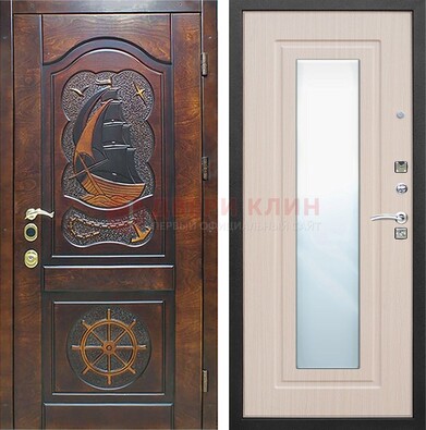 Темная дверь с резьбой и зеркалом внутри ДЗ-49 в Щербинке