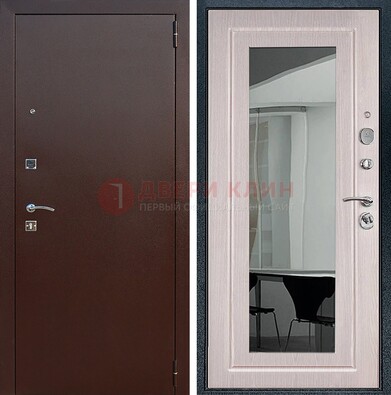 Входная дверь с порошковым напылением Медный антик/Белый дуб с зеркалом ДЗ-63 в Щербинке