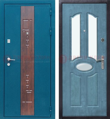 Голубая металлическая дверь МДФ с тремя зеркальными вставками ДЗ-78 в Щербинке