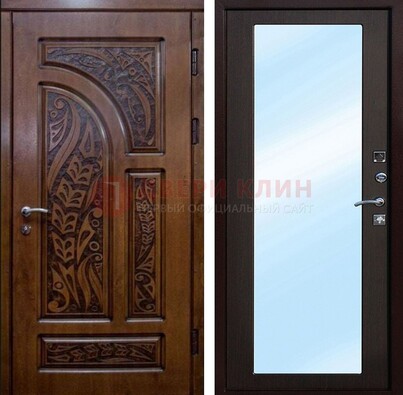 Коричневая входная дверь c узором и виноритом МДФ с зеркалом ДЗ-98 в Щербинке