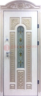 Белая железная дверь с МДФ и витражом ВЖ-26 в Щербинке
