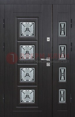Чёрная двухстворчатая железная дверь с МДФ и витражом ВЖ-35 в Щербинке