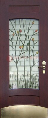 Бордовая стальная дверь с витражом и декоративным элементом ВЖ-3 в Щербинке